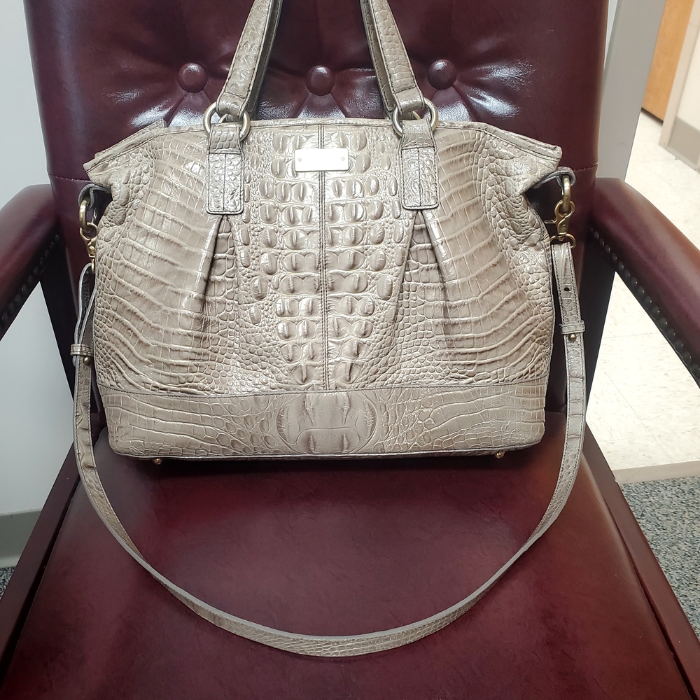 Brahmin Crocodile-Embossed Beige Satchel